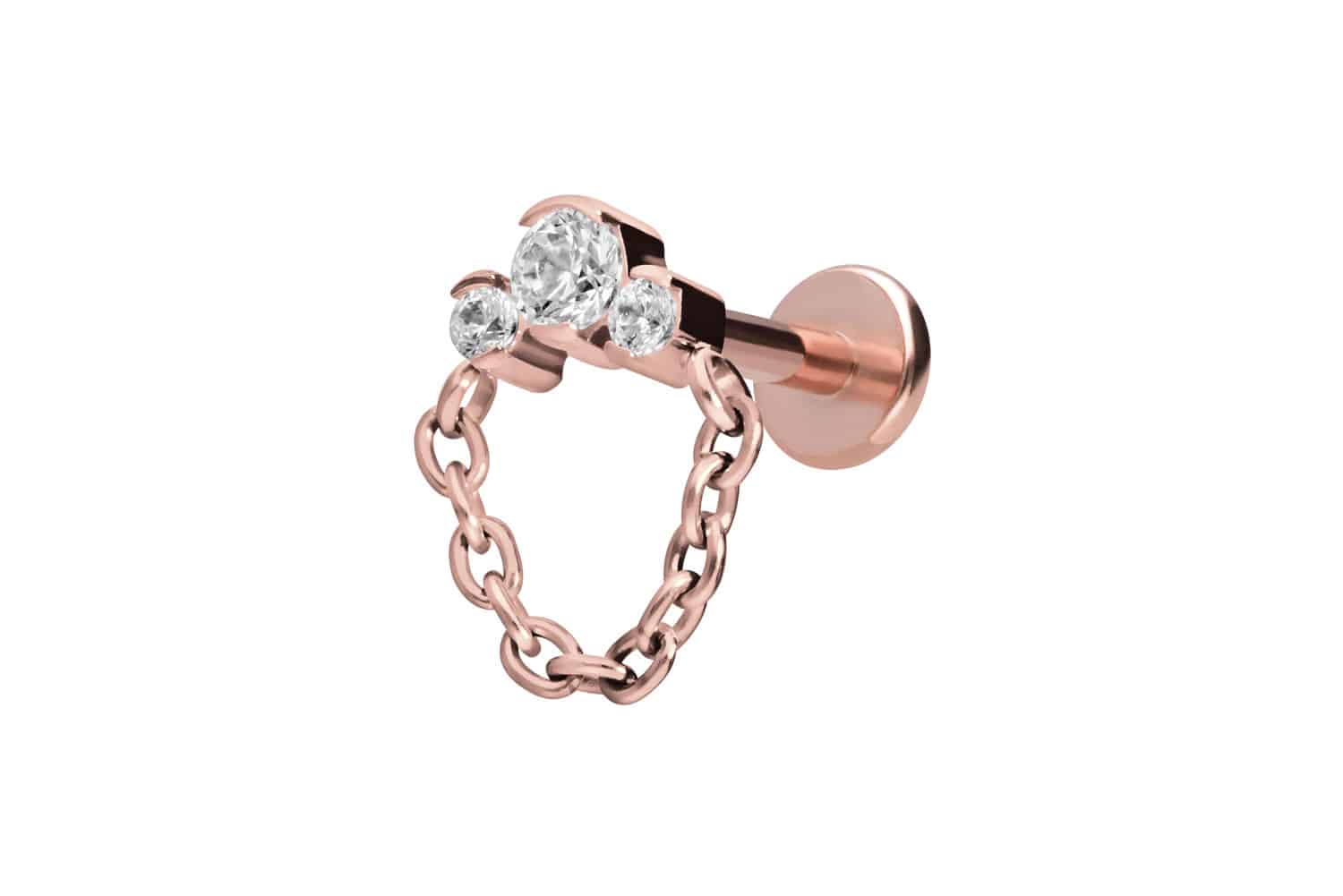 Titan Labret Piercing mit Innengewinde 3 EINGEFASSTE KRISTALLE + KETTE